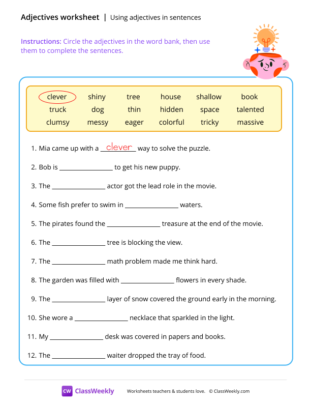 Using adjectives in sentences - Clever worksheet preview