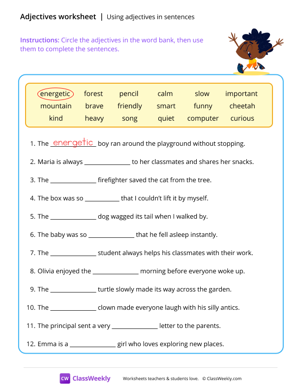 Using adjectives in sentences - Energetic worksheet preview