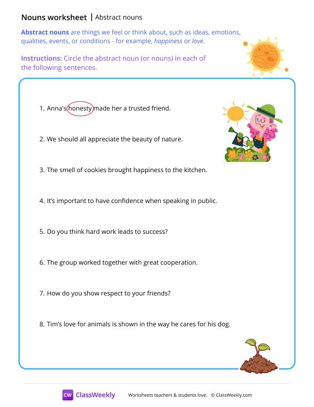Abstract nouns - Sun worksheet preview