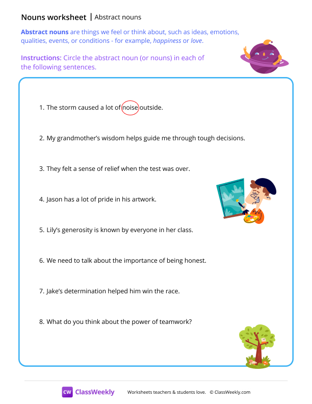 Abstract nouns - Saturn worksheet preview