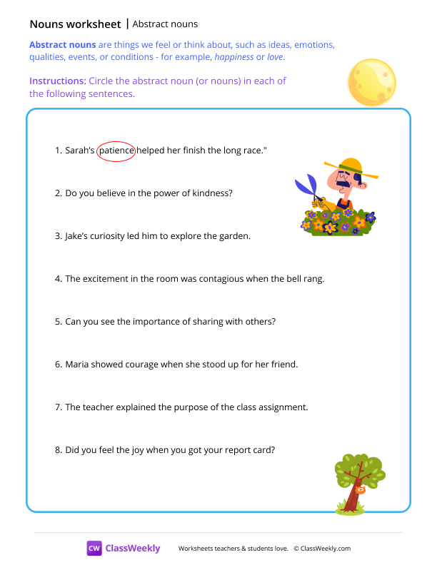 Abstract nouns - Moon worksheet preview