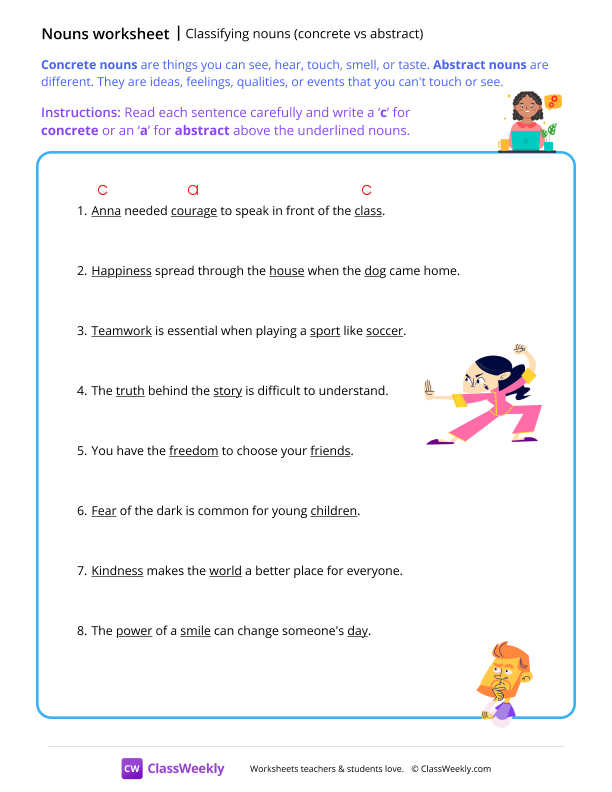 Classifying nouns (concrete vs abstract) - Happy worksheet preview