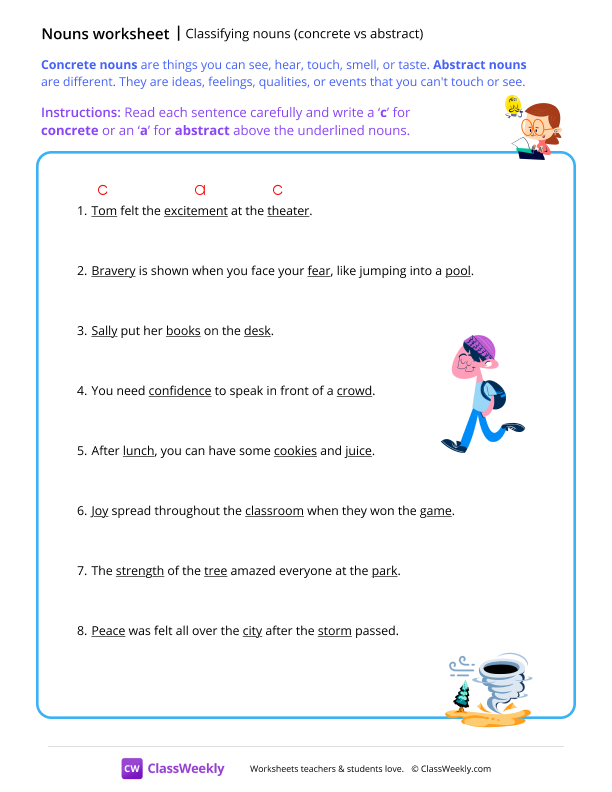 Classifying nouns (concrete vs abstract) - Creative worksheet preview