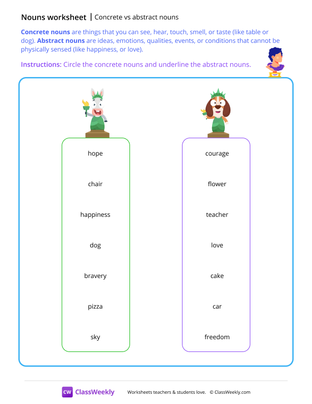 Concrete vs abstract nouns - Statue worksheet preview