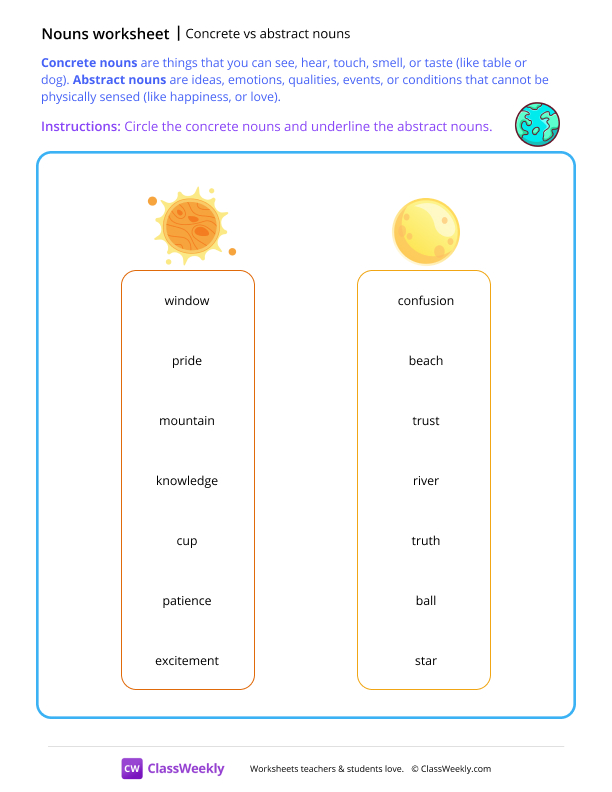 Concrete vs abstract nouns - Earth worksheet preview