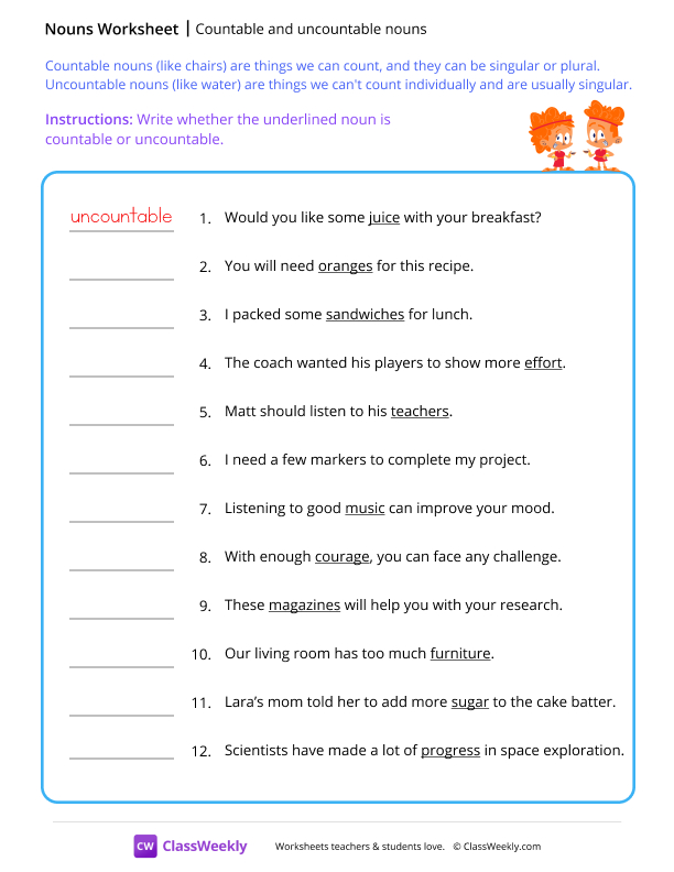Countable and uncountable nouns - Gemini worksheet preview