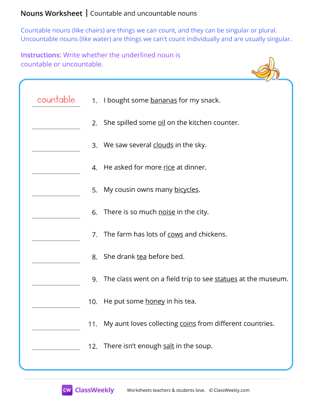 Countable and uncountable nouns worksheet preview