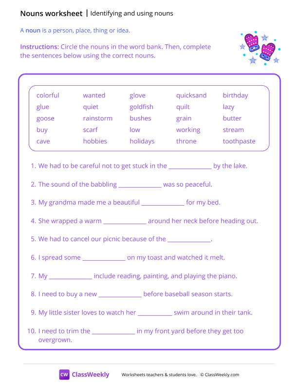 Identifying & Using Nouns - Glove worksheet preview