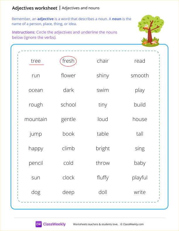 Adjectives and nouns - Tree worksheet preview
