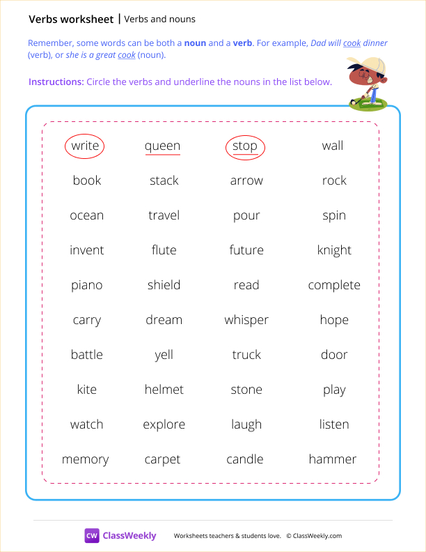 Verbs and nouns - Boy worksheet preview