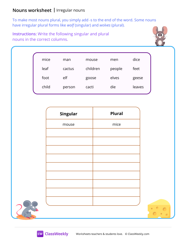 Irregular nouns - Mouse worksheet preview