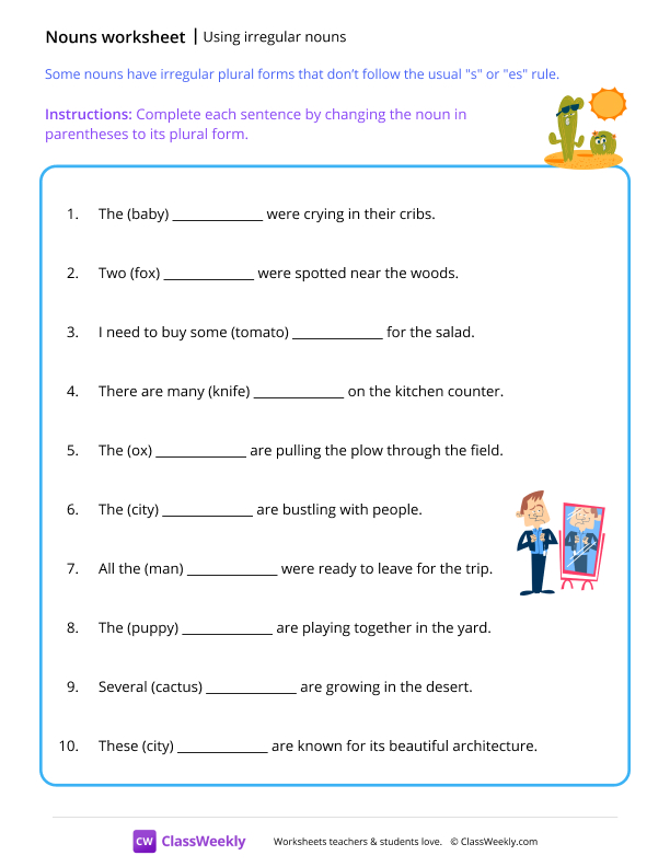 Using irregular nouns - Cacti worksheet preview