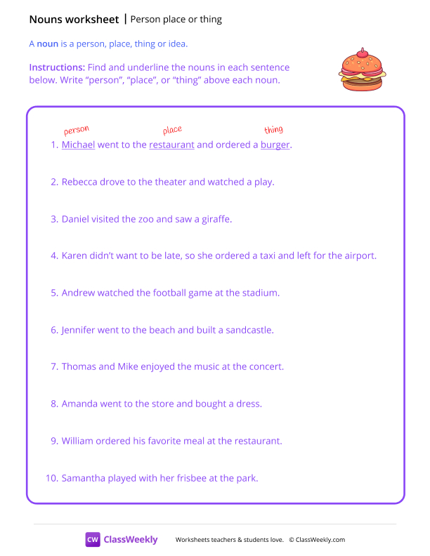 Person, place or thing - Burger worksheet preview