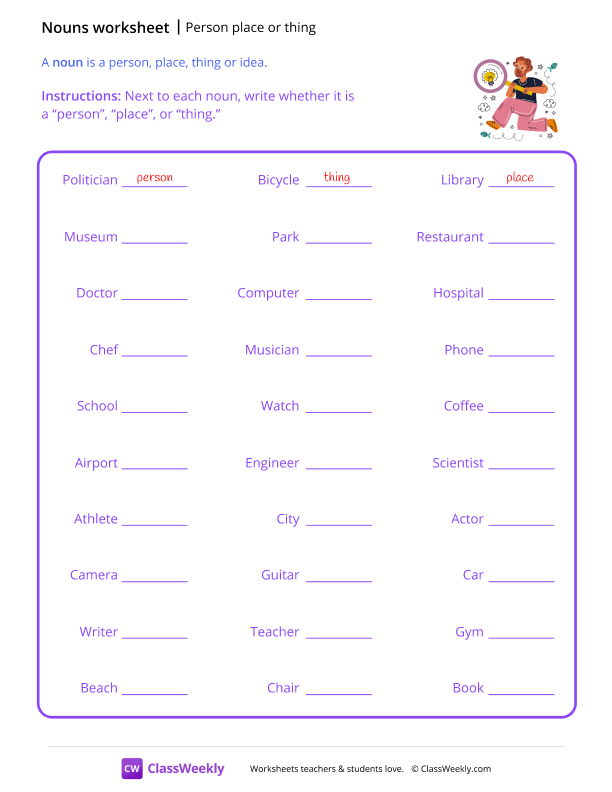 Person, place or thing - Words worksheet preview