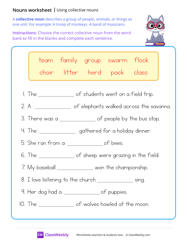 Using collective nouns - Wolf worksheet preview