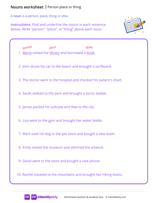 Person, place or thing - Book worksheet preview