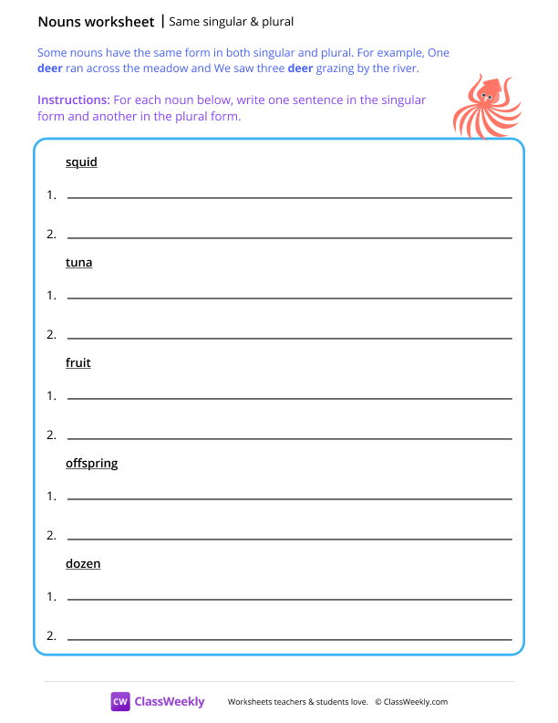 Same singular & plural - Squid worksheet preview