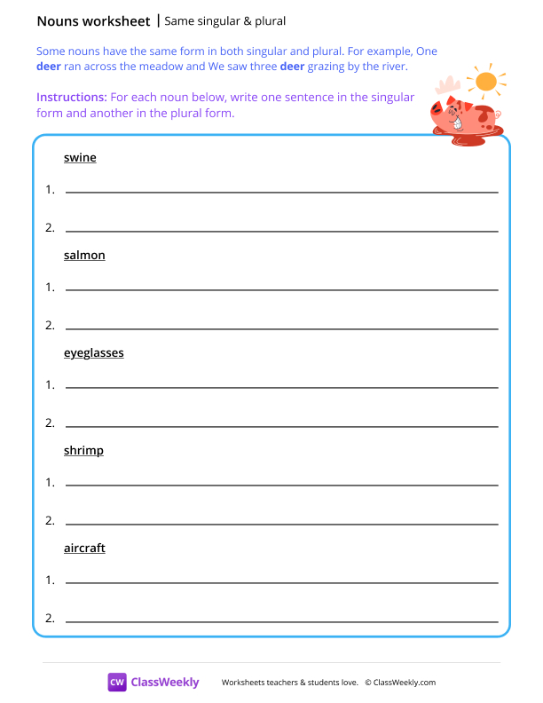 Same singular & plural - Swine worksheet preview