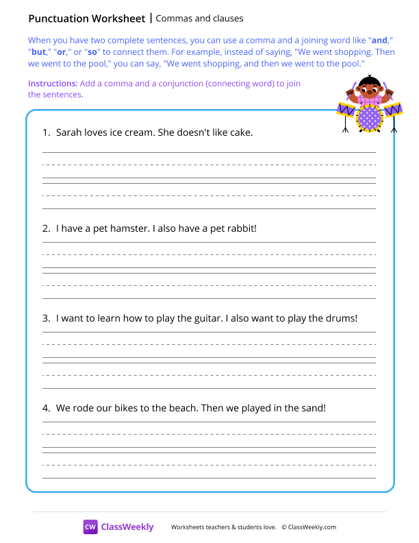 Using commas to join clauses worksheet preview