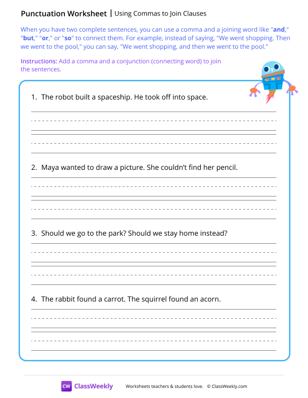 Using commas to join clauses - Robot worksheet preview