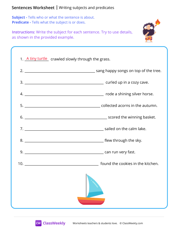 Writing subjects and predicates - Caveman worksheet preview
