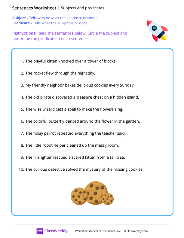 Subjects and predicates - Rocket worksheet preview