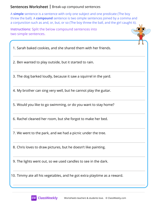 Break up compound sentences - Mosquito worksheet preview