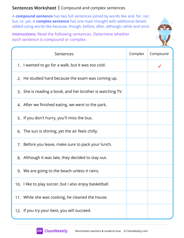 Compound and complex sentences worksheet preview
