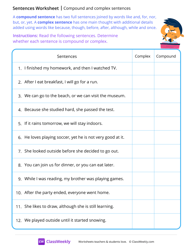 Compound and complex sentences - Study worksheet preview