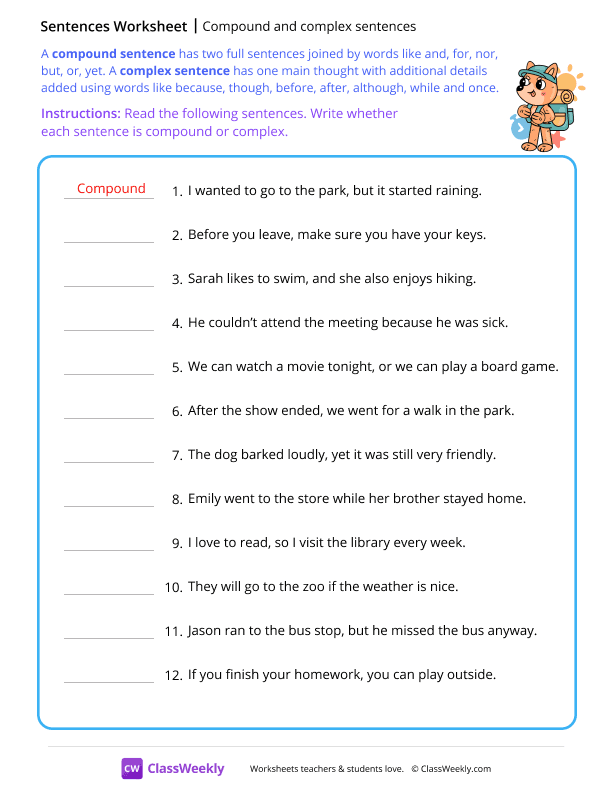 Compound and complex sentences - Hike worksheet preview