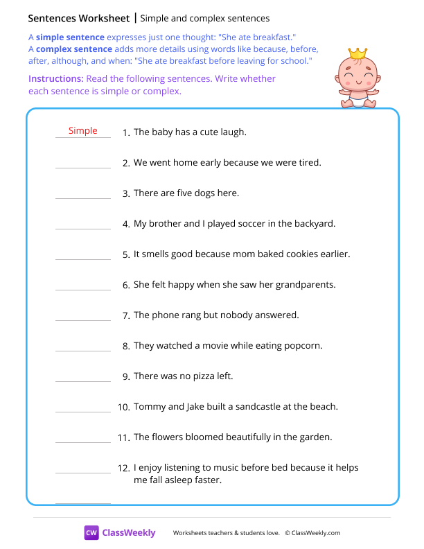 Simple and complex sentences - Baby worksheet preview