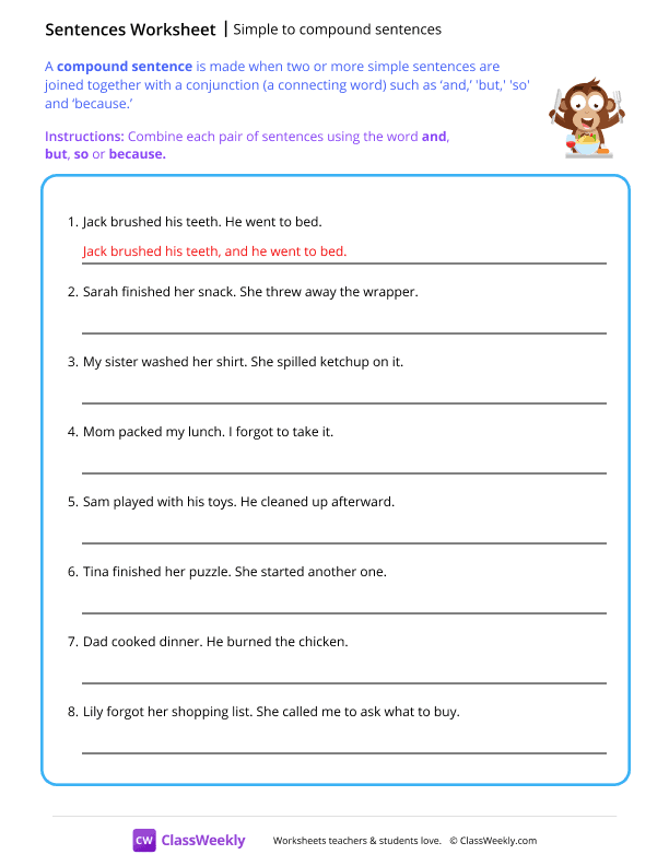 Simple to compound sentences worksheet preview