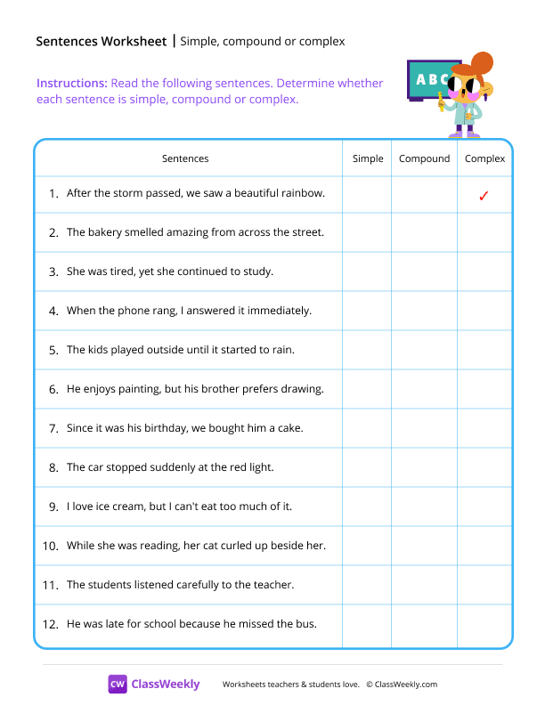 Identifying simple, compound and complex - Teacher worksheet preview