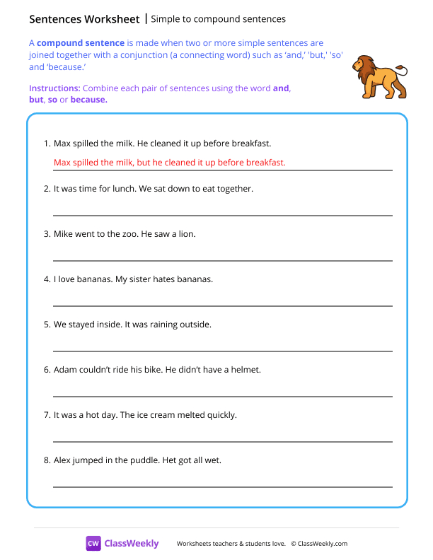 Simple to compound sentences - Lion worksheet preview