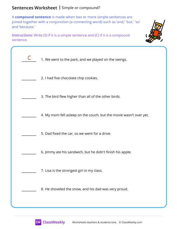 Simple or compound sentences - Swing worksheet preview