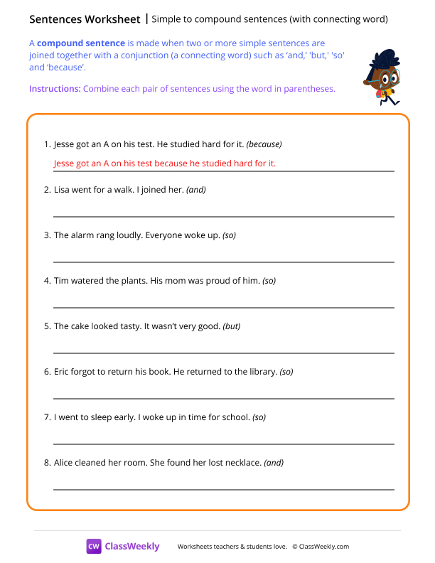 Simple to compound sentences (with connecting words) - Walk worksheet preview