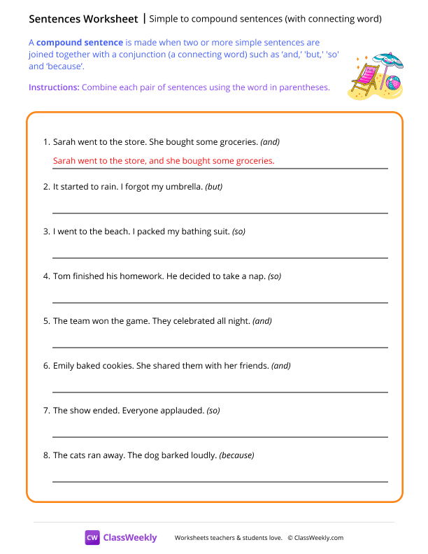 Simple to compound sentences (with connecting words) worksheet preview