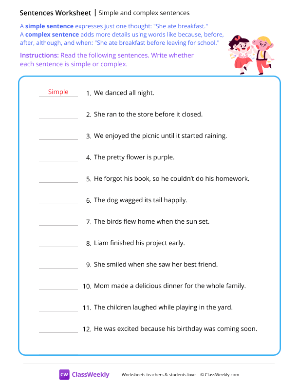 Simple and complex sentences - Dance worksheet preview