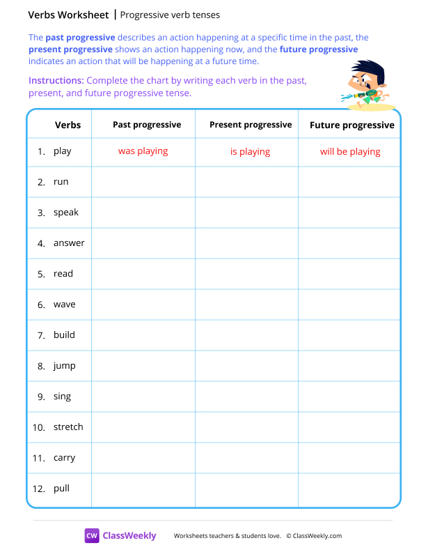 Progressive verb tenses - Playing worksheet preview