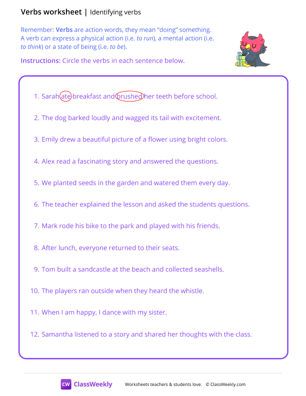 Identifying Verbs - Owl Gift worksheet preview