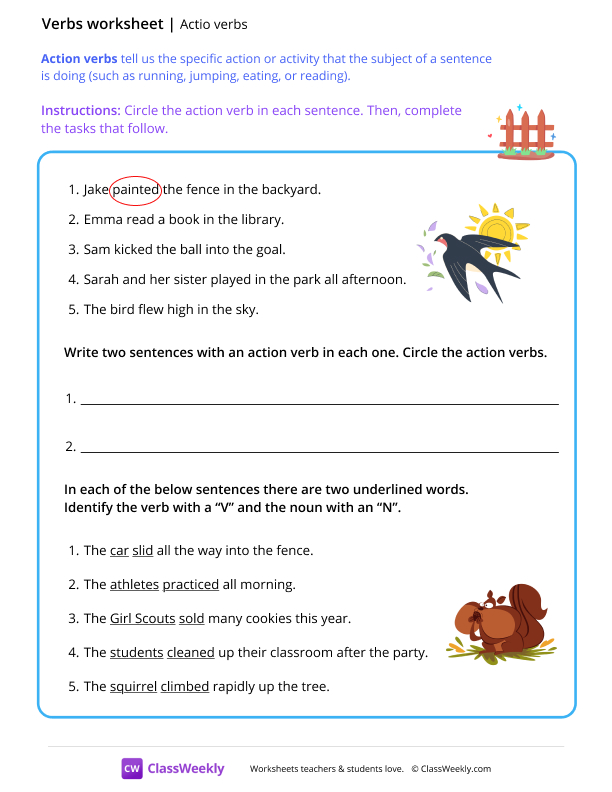 Action verbs - Fence worksheet preview
