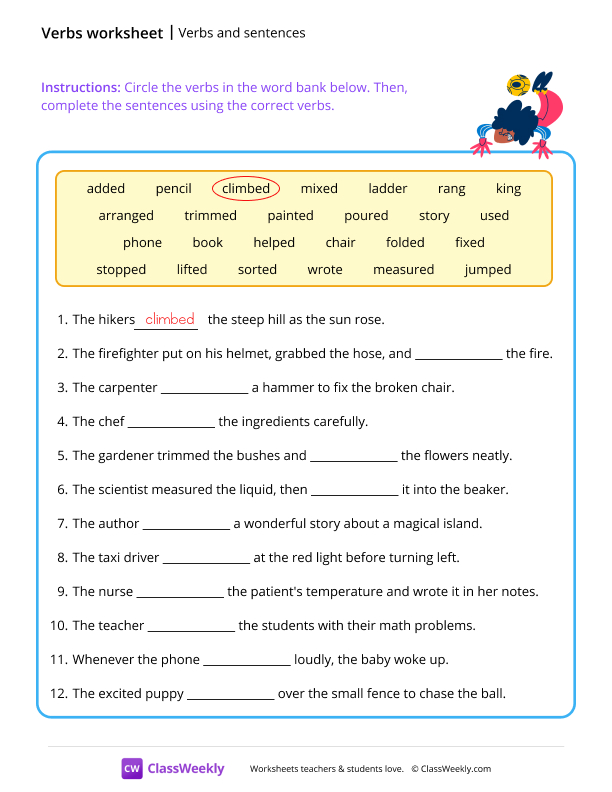 Verbs and sentences - Kick worksheet preview