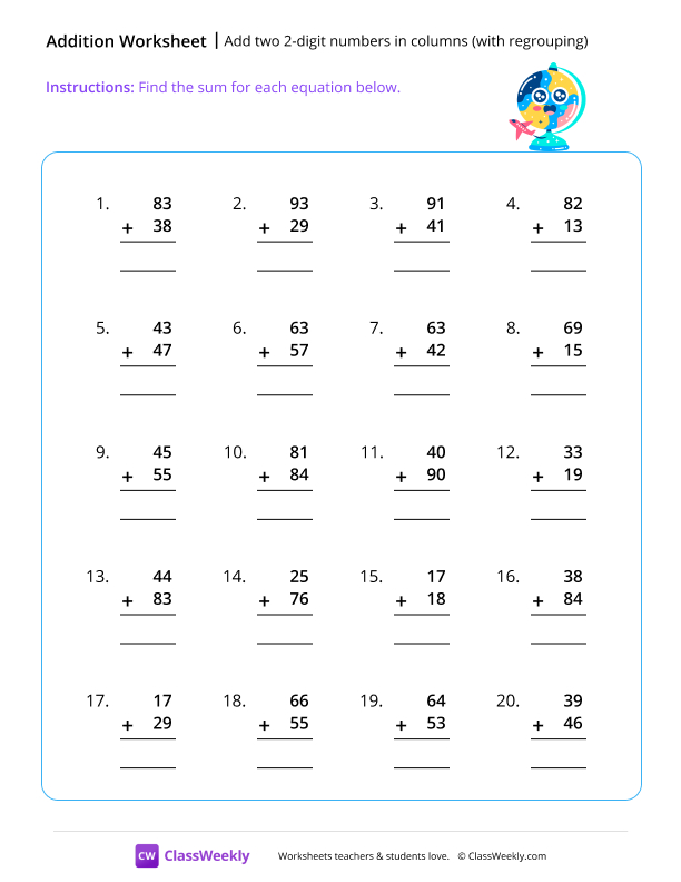 Add two 2-digit numbers in columns (with regrouping) - Travel worksheet preview
