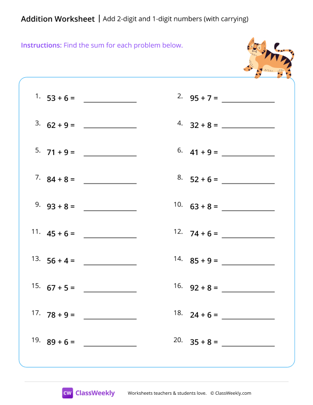 Add 2-digit and 1-digit numbers (with carrying) - Tiger worksheet preview