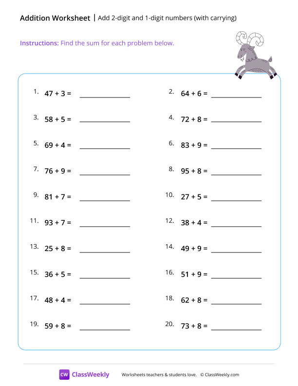 Add 2-digit and 1-digit numbers (with carrying) - Goat worksheet preview