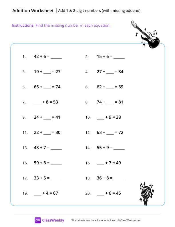 Add 1 & 2-digit numbers (with missing addend) - Guitar worksheet preview