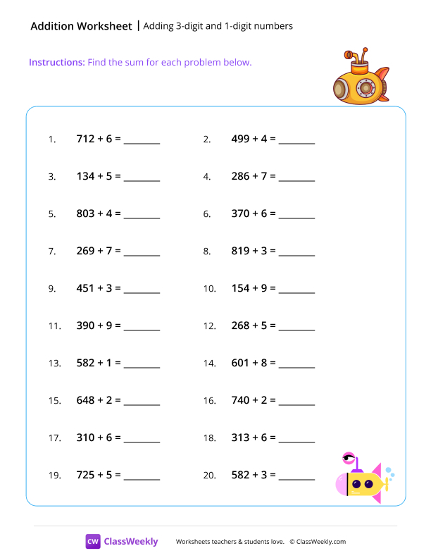 Adding 3-digit and 1-digit numbers - Sub worksheet preview