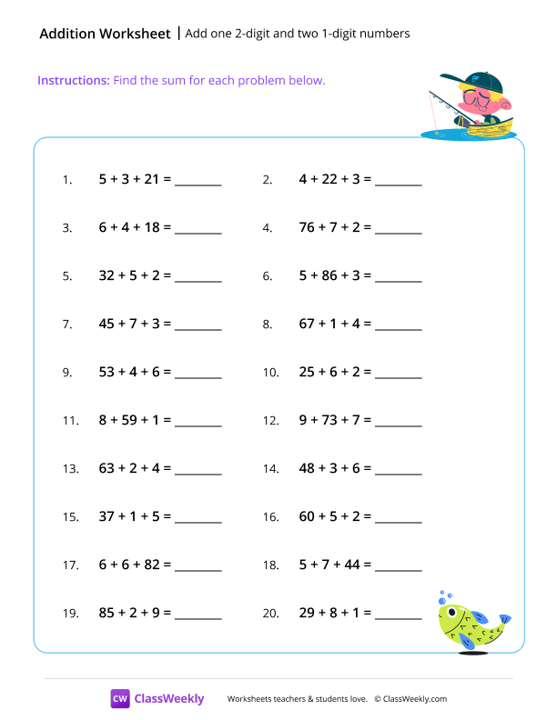 Add one 2-digit and two 1-digit numbers - Fish worksheet preview