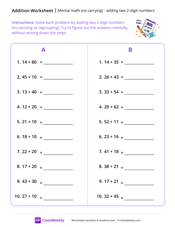 Mental Math: Adding two 2-digit Numbers (no carrying) - Pencil Fun worksheet preview