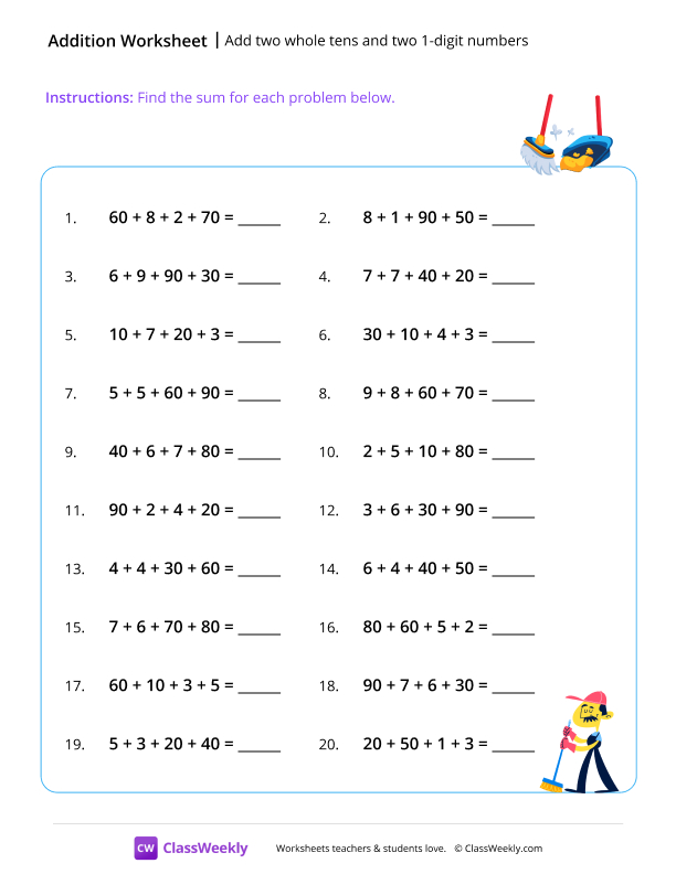 Add two whole tens and two 1-digit numbers - Sweep worksheet preview